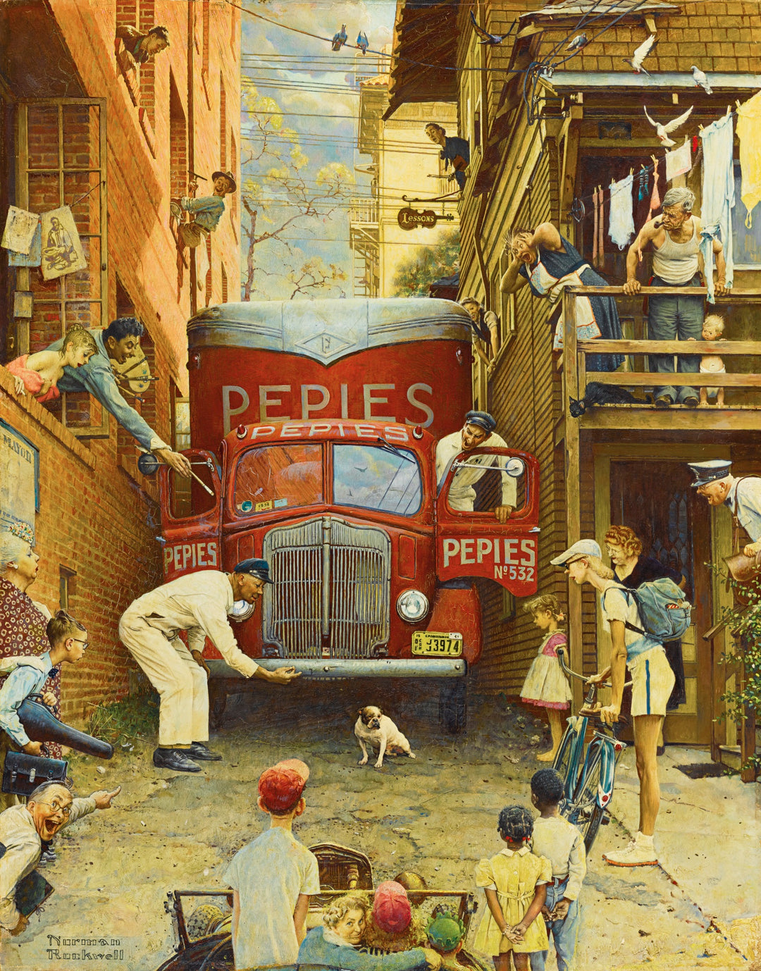 Stau auf der Straße (Bulldogge blockiert Lastwagen; Verkehrsbedingungen) - Norman Rockwell